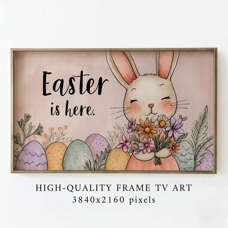 Easter Bunny Frame TV Art, Watercolor Spring Rabbit Flowers — image 1