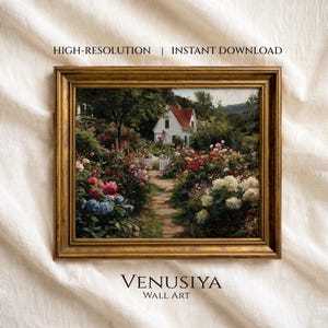 May include: A framed print of a garden path leading to a white house with a red roof, surrounded by colorful flowers. The artwork is in a gold frame. Text on the print reads "HIGH-RESOLUTION | INSTANT DOWNLOAD" and "VENUSIYA WALL ART".