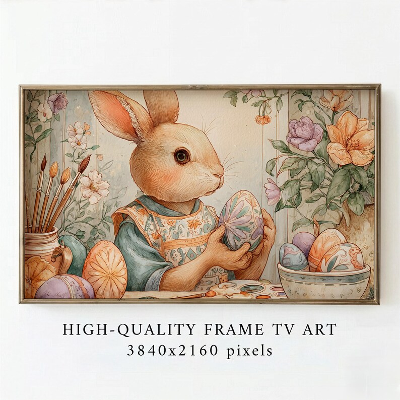 Whimsical Easter Bunny Artist Painting Eggs Frame TV Art — image 1