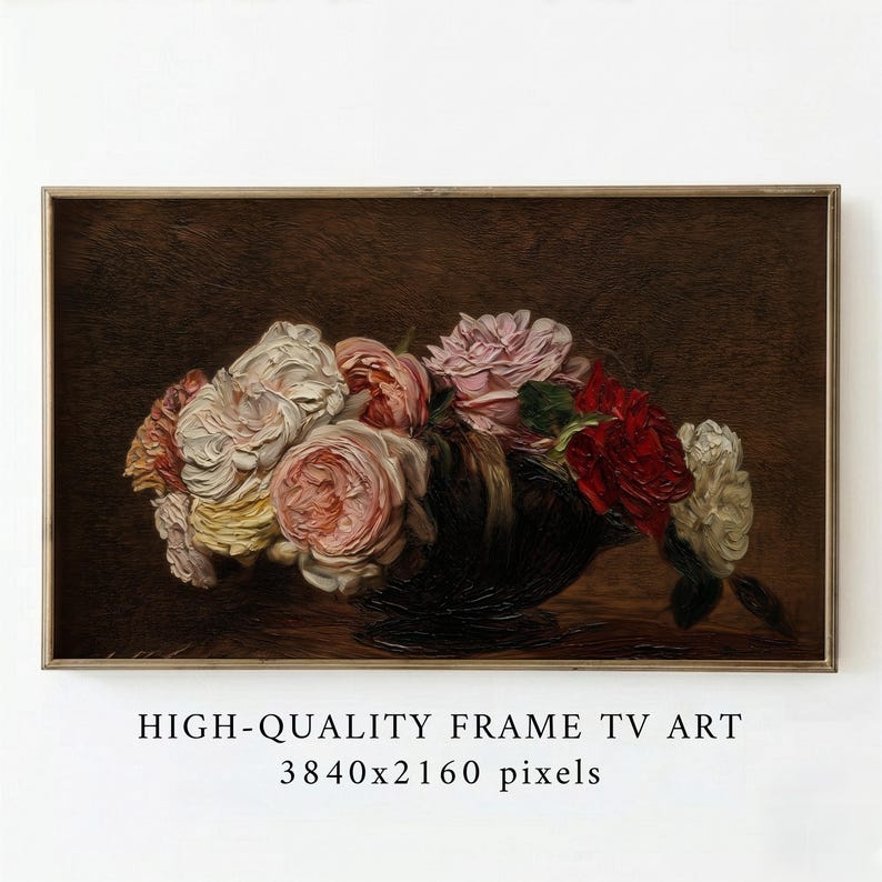 Vintage Roses Bowl Still Life FRAME TV ART, Classic Floral Television Artwork — image 1