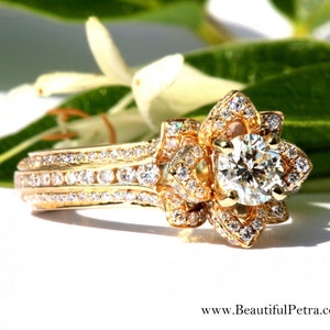 UNIQUE Flower Rose Diamond Engagement or Right Hand Ring 1.5 carat 14K yellow gold 14k White gold 14K rose gold wedding fL01YG image 1