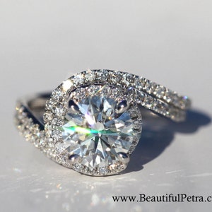 14k White gold - Diamond Engagement Ring - Halo - UNIQUE - Thin Swirl - Pave - Weddings- Luxury- Brides - Bp0013 image 2