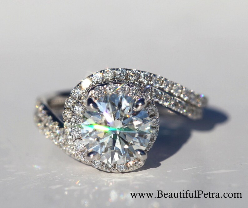 14k White gold - Diamond Engagement Ring - Halo - UNIQUE - Thin Swirl - Pave - Weddings- Luxury- Brides - Bp0013 image 2