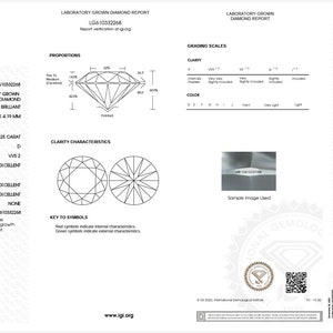 K&ouml;nnte beinhalten: Ein Labor-gewachsener Diamantenbericht vom International Gemological Institute (IGI) f&uuml;r einen 1,25 Karat Diamanten mit D-Farbe, VS2-Reinheit und exzellentem Schliff. Der Bericht enth&auml;lt die Bewertungsergebnisse, die Reinheitsmerkmale und zus&auml;tzliche Bewertungsinformationen.