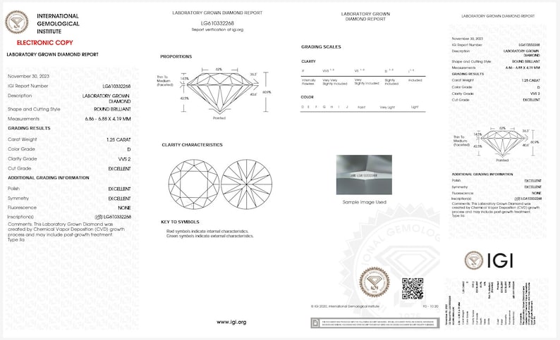 K&ouml;nnte beinhalten: Ein Labor-gewachsener Diamantenbericht vom International Gemological Institute (IGI) f&uuml;r einen 1,25 Karat Diamanten mit D-Farbe, VS2-Reinheit und exzellentem Schliff. Der Bericht enth&auml;lt die Bewertungsergebnisse, die Reinheitsmerkmale und zus&auml;tzliche Bewertungsinformationen.
