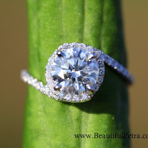 14k White gold - Diamond Engagement Ring - Halo - UNIQUE -  Thin Swirl - Pave - Weddings- Luxury- Brides - Bp0013
