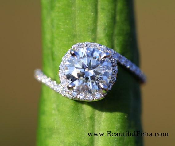 14k White gold - Diamond Engagement Ring - Halo - UNIQUE -  Thin Swirl - Pave - Weddings- Luxury- Brides - Bp0013