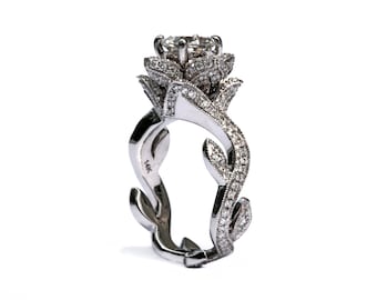 BLOOMING Work Of Art - Milgrain Flower Rose Lotus Diamond Engagement Ring - fL07 - Patented