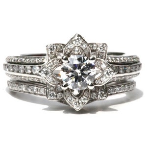 Wedding SET - Gorgeous UNIQUE Flower Rose Diamond Engagement Ring and Wedding band set - 2 carats - 14K white gold - custom made - fL01-S