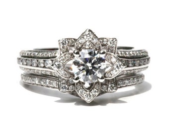 Wedding Set - Gorgeous UNIQUE Flower Rose Diamond Engagement Ring and Wedding band set - 1.75 carats - 14K white gold - custom made - fL01-S