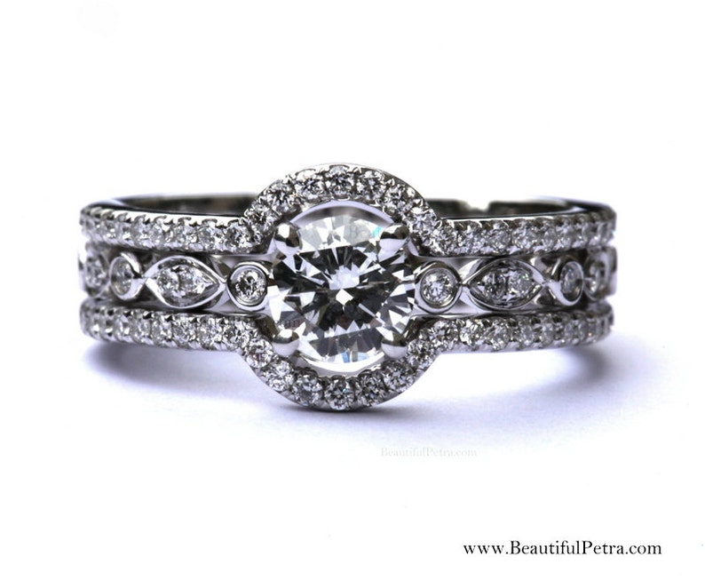 THREE IN ONE 14k White gold Diamond Engagement Ring Halo Unique Pave Bph015 image 2