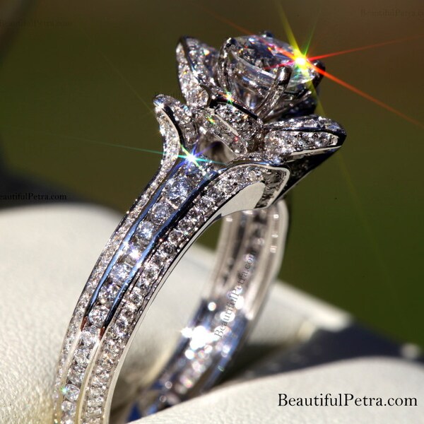 UNIQUE Flower Rose Diamond Engagement or Right Hand Ring - 2.25 carat - 14K white gold - wedding - brides - fL01