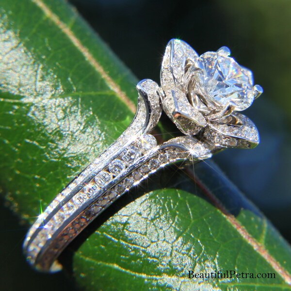 UNIQUE Flower Rose Diamond Engagement or Right Hand Ring - 2.20 carat - 14K white gold - wedding - brides - fL01