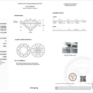 K&ouml;nnte beinhalten: Ein Labor-gewachsener Diamantenbericht vom International Gemological Institute (IGI) f&uuml;r einen 1,25 Karat runden Brillanten. Der Diamant ist mit D Farbe, VVS2 Reinheit und Ideal Schliff bewertet. Der Bericht enth&auml;lt Details zu den Proportionen des Diamanten, den Reinheitsmerkmalen und zus&auml;tzlichen Bewertungsinformationen.