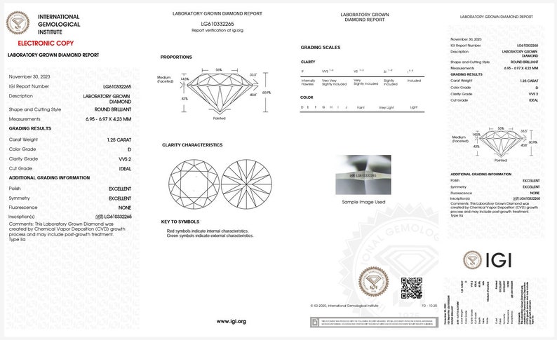 K&ouml;nnte beinhalten: Ein Labor-gewachsener Diamantenbericht vom International Gemological Institute (IGI) f&uuml;r einen 1,25 Karat runden Brillanten. Der Diamant ist mit D Farbe, VVS2 Reinheit und Ideal Schliff bewertet. Der Bericht enth&auml;lt Details zu den Proportionen des Diamanten, den Reinheitsmerkmalen und zus&auml;tzlichen Bewertungsinformationen.