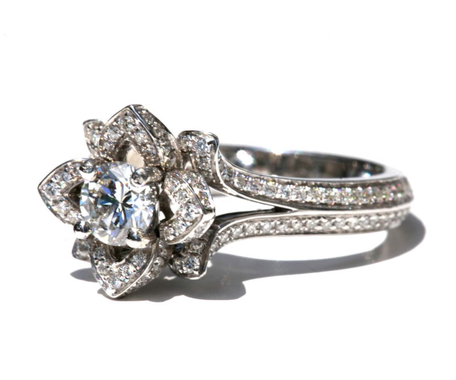 UNIQUE Flower Rose Diamond Engagement Ring Blooming 2 Rows Etsy