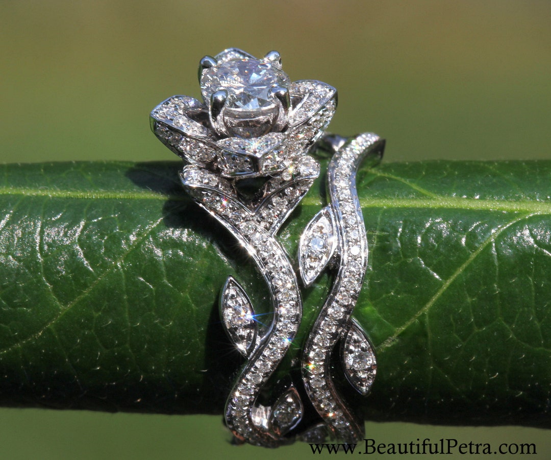 BLOOMING Work of Art 14k Flower Leaf Rose Lotus Diamond Engagement Wedding  Ring Set Leaves on the Band Brides Fl07 Patented Design 