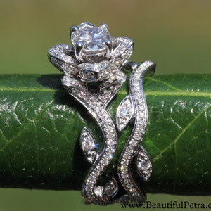 BLOOMING Work Of Art 14k Flower Leaf Rose Lotus Diamond Engagement Wedding Ring Set Leaves on the band brides fL07 Patented design image 1