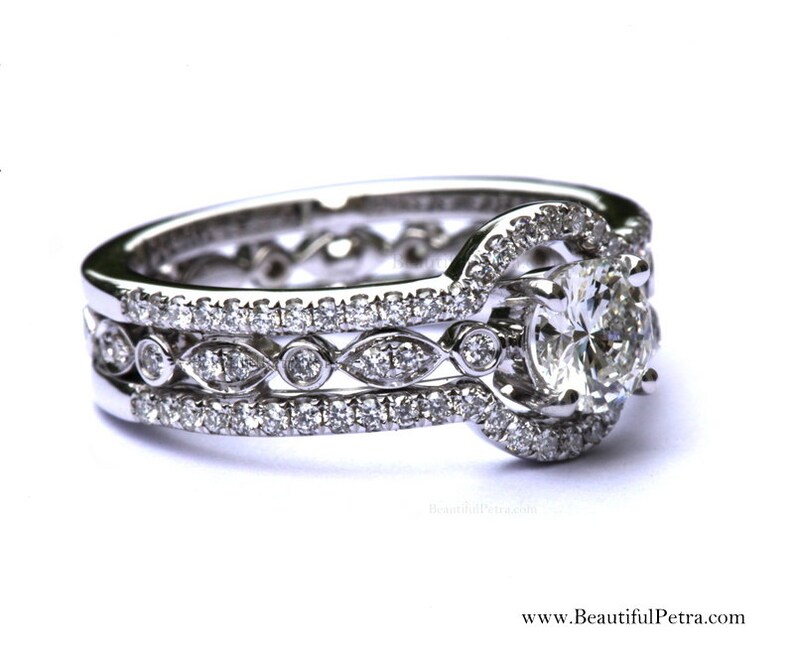 THREE IN ONE 14k White gold Diamond Engagement Ring Halo Unique Pave Bph015 image 1