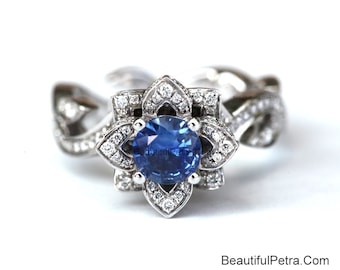 BLOOMING Work Of Art - Flower Rose Lotus Diamond Engagement Ring - Blue sapphire - 14K white gold -fL07 BeautifulPetra Patented design