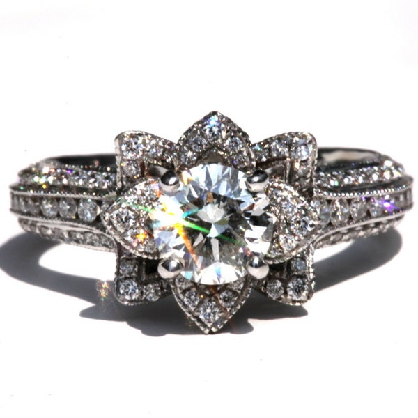MILGRAIN - Gorgeous UNIQUE Flower Lotus Rose Diamond Engagement Ring Semi mount SETTING only - FL04