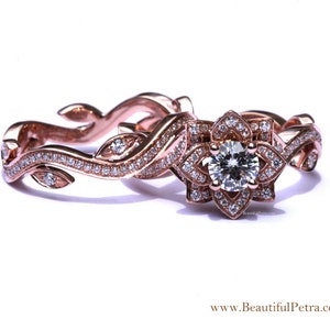 BLOOMING Work Of Art - 14k Flower Leaf Rose Lotus Diamond Engagement Wedding Ring Set - Leaves on the band - brides - fL07- Patented design