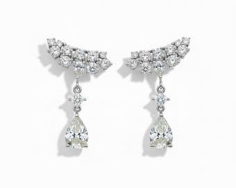 Ready to ship- Dangle natural Diamond Earrings  - 14K white gold, screw back Birthday, Wedding Gift - Valentine’s Day
