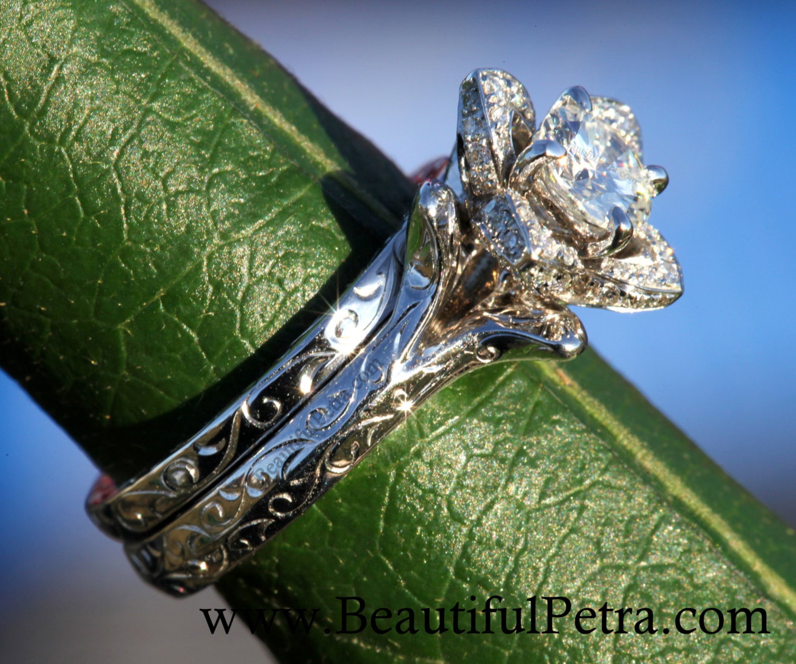 Wedding Set - UNIQUE Flower Rose Diamond Engagement Ring and Wedding ...