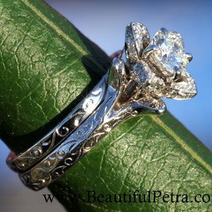 Wedding Set -  UNIQUE Flower Rose Diamond Engagement Ring and Wedding band set Engraving- 1.00 carats - 14K white gold - custom made - fL09