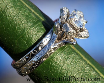 Wedding Set -  UNIQUE Flower Rose Diamond Engagement Ring and Wedding band set Engraving- 1.00 carats - 14K white gold - custom made - fL09