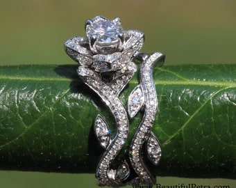 BLOOMING Work Of Art - Flower Rose  Lotus Diamond Engagement Wedding Ring Set - 14K - brides - fL07 Beautiful Petra Patented design