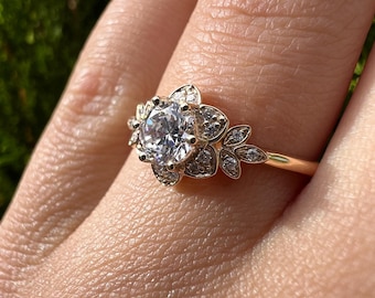 Delicate Flower Engagement ring Halo Ring Bridal Ring Wedding Ring 14K 18K Gold Ring Platinum Ring Hand Made Jewelry