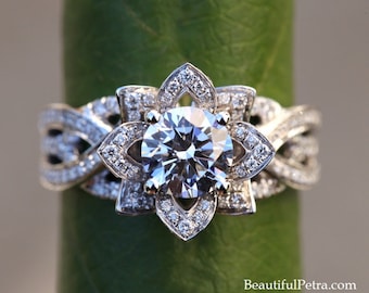 FOREVER IN BLOOM - Flower Rose Lotus Diamond Engagement Ring - Intertwining Band - Fl10 - Beautiful Petra Ring -  Patent Pending