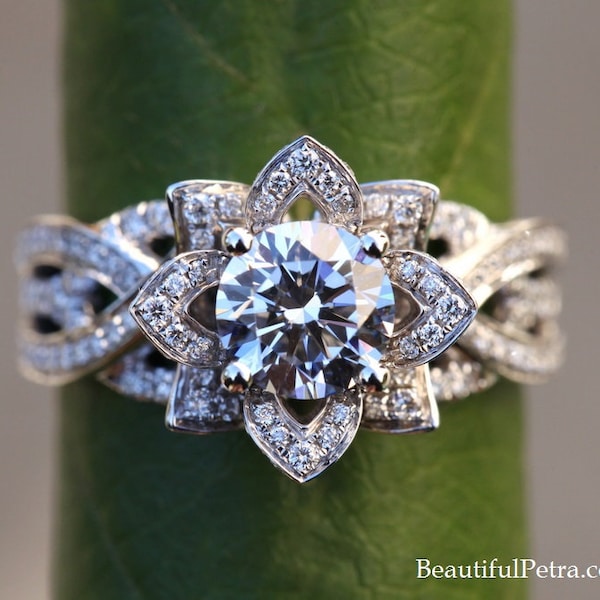 FOREVER IN BLOOM - Flower Rose Lotus Diamond Engagement Ring - Intertwining Band - Fl10 - Beautiful Petra Ring -  Patent Pending