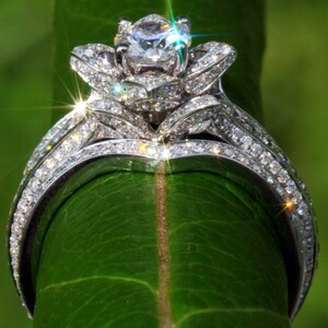 Puede incluir: Un anillo de compromiso de plata con un gran diamante brillante engastado en un dise&ntilde;o floral. El anillo est&aacute; rodeado de diamantes m&aacute;s peque&ntilde;os y est&aacute; colocado sobre una hoja verde.