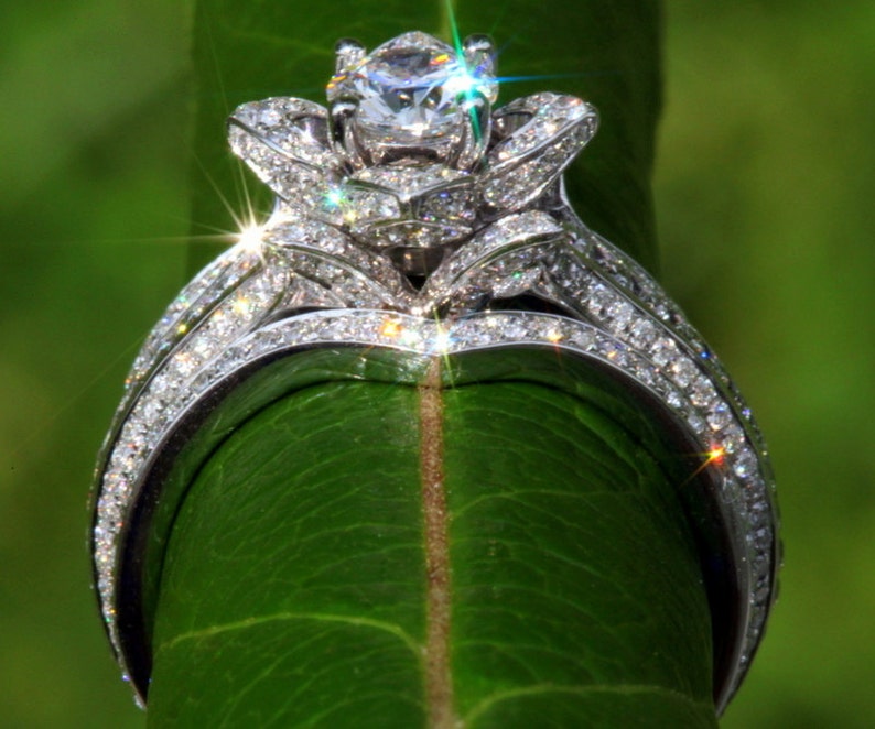 Puede incluir: Un anillo de compromiso de plata con un gran diamante brillante engastado en un dise&ntilde;o floral. El anillo est&aacute; rodeado de diamantes m&aacute;s peque&ntilde;os y est&aacute; colocado sobre una hoja verde.