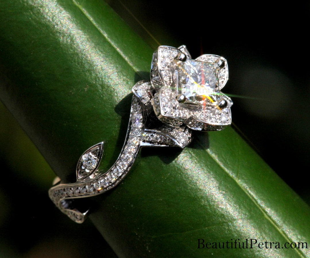 BLOOMING Work of Art Flower Rose Lotus Princess Cut Diamond Engagement  Wedding Ring 14K Brides FL07 Beautiful Petra Patented Design