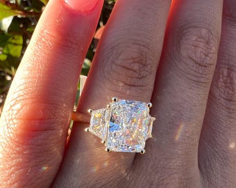 Radiant Cut Lab Grown Diamond Engagement Ring 3 Stone - Trapezoid Diamond Engagement Ring