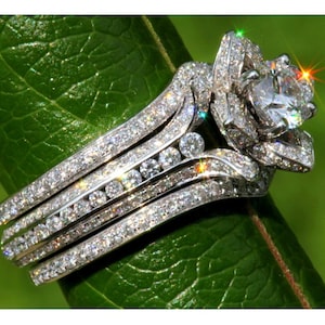 Wedding SET - Gorgeous UNIQUE Flower Rose Diamond Engagement Ring and Wedding band set - 2.85 carats - 14K white gold - custom made - fL01-S