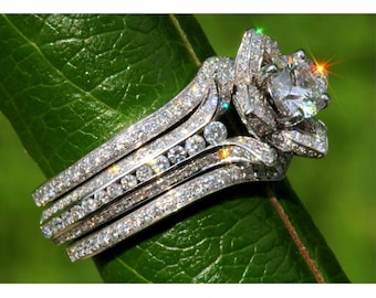 Wedding SET - Gorgeous UNIQUE Flower Rose Diamond Engagement Ring and Wedding band set - 2.85 carats - 14K white gold - custom made - fL01-S