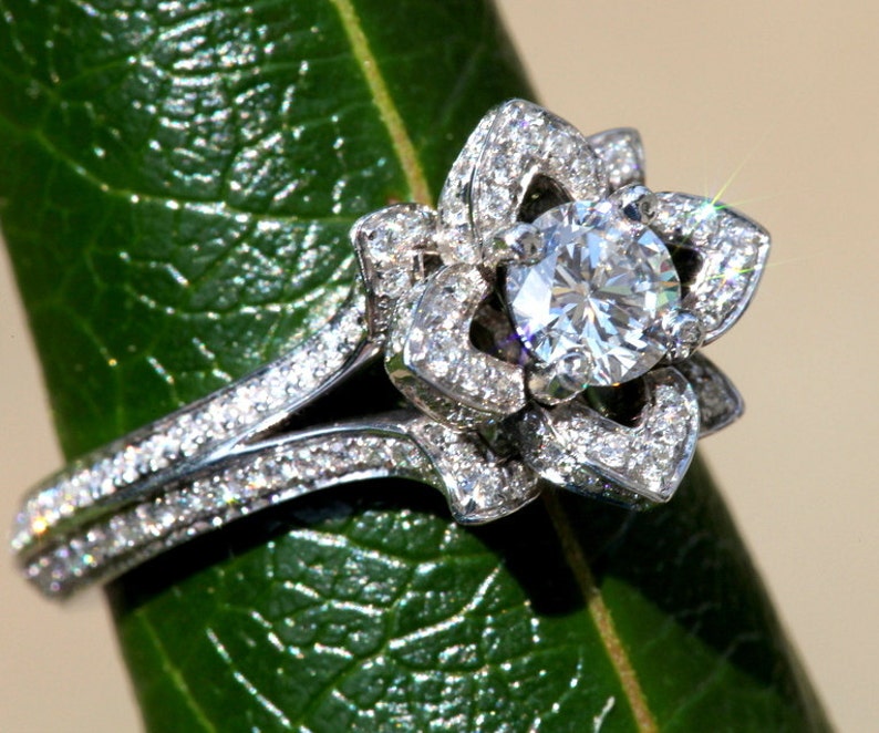 UNIQUE Flower Rose Diamond Engagement Ring Blooming 2 Rows Etsy
