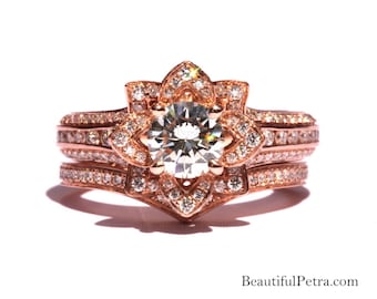 Rose Gold - Wedding SET - UNIQUE Flower Rose Diamond Engagement Ring and Wedding band set - 2.55 carats - 14K - fL01-S