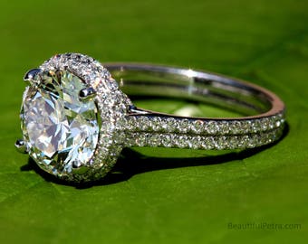 Platinum GIA certified HALO double shank Round Diamond Engagement Ring - 2.70 total - Pave - weddings - Beautiful Petra Rings - Bph035