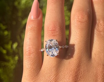 14K 18K Platinum 5ct Oval Lab Grown Diamond Hidden Halo Engagement Ring- Solitaire Ring  -  Bridal Gift