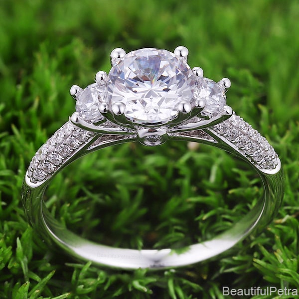 3 Stone Diamond engagement ring - Beautiful Petra rings - 14k 18k Platinum - BP048