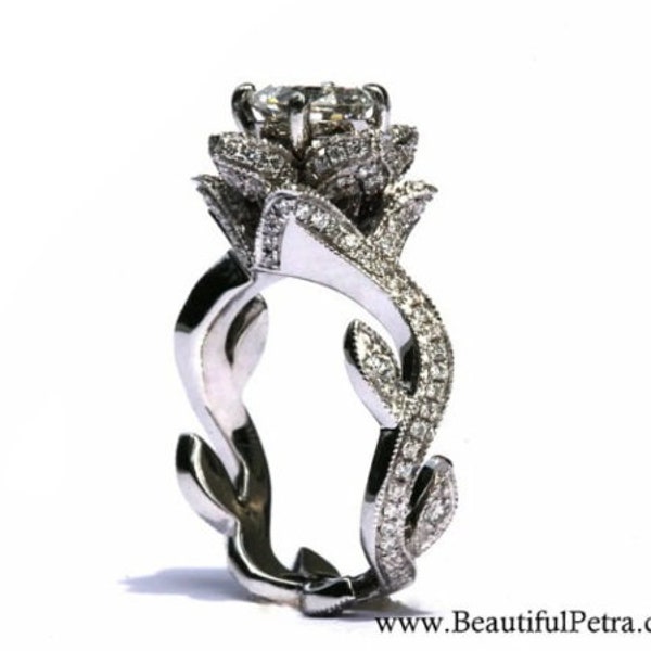BLOOMING Work Of Art - Milgrain Flower Rose Lotus Diamond Engagement Ring - Semi Mount - Setting - 14K white gold - fL07 - Patented design