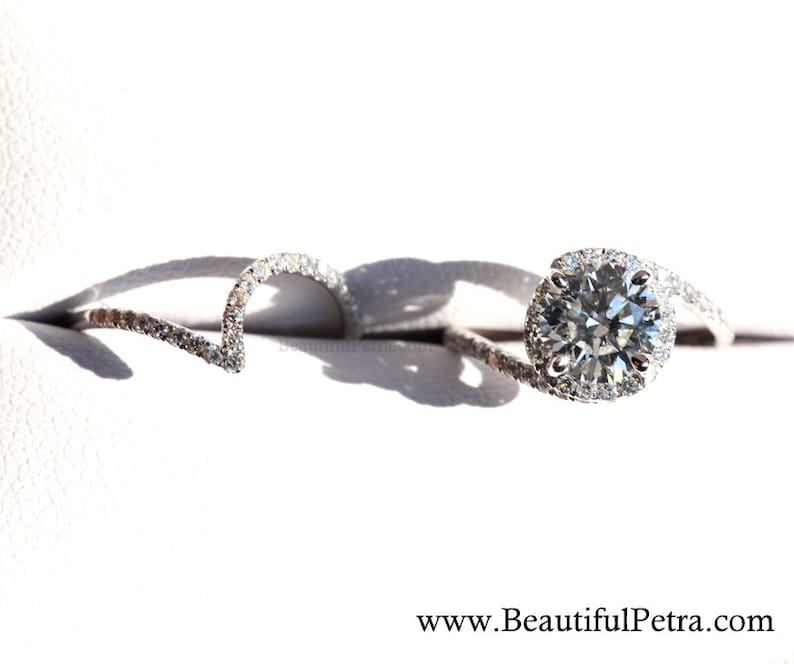14k White gold - Diamond Engagement Ring - Halo - UNIQUE - Thin Swirl - Pave - Weddings- Luxury- Brides - Bp0013 image 3