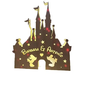 Wooden lamp shaped castle personalized with names and fairy tale gift idea