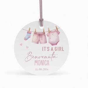 Etiquetas circulares personalizáveis para lembrancinhas de nascimento de bebê menina