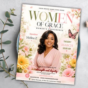 march 8 women's day,prayer breakfast,church event flyer,women's prayer flyer,customizable Canva,faith based flyer,bible study flyer,pink church flyer,woman empowerment,women's conference,womens retreat flyer,guest speaker flyer,womens meeting flyer